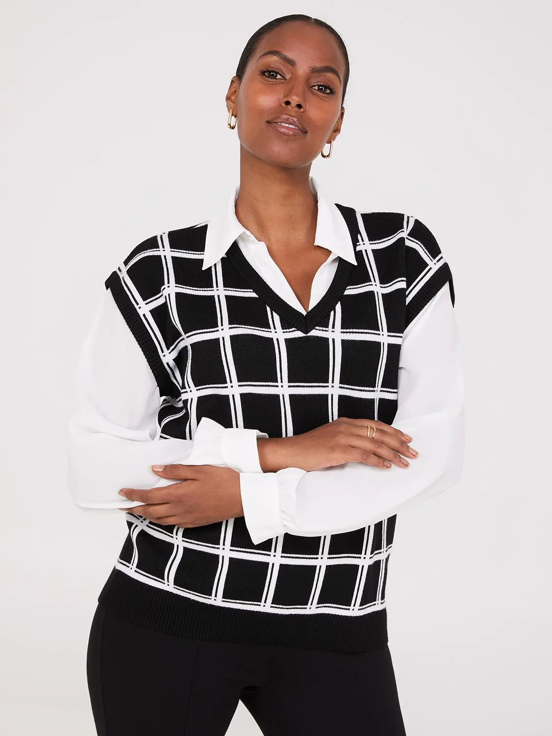 2-Fer Windowpane Print Vest With Blouse