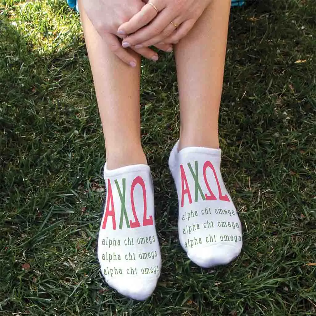 Alpha Chi Omega Sorority Socks with Large Greek Letters, Printed on No Show Socks