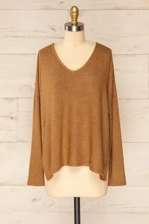 Ancone Camel | Long Sleeve V-Neck Top