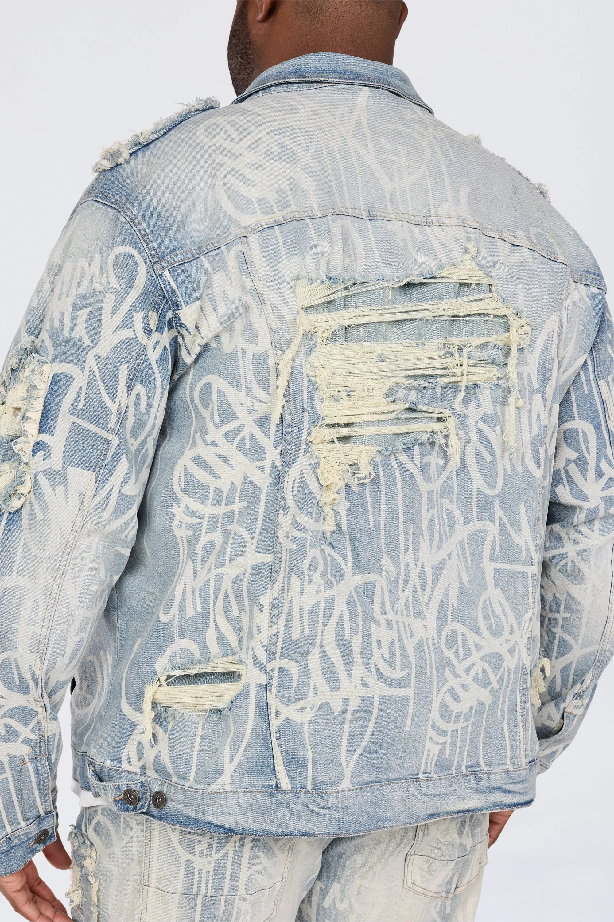 Big and Tall - Heavy Rip & Repair Doodle Jean Jacket - Nassau Blue