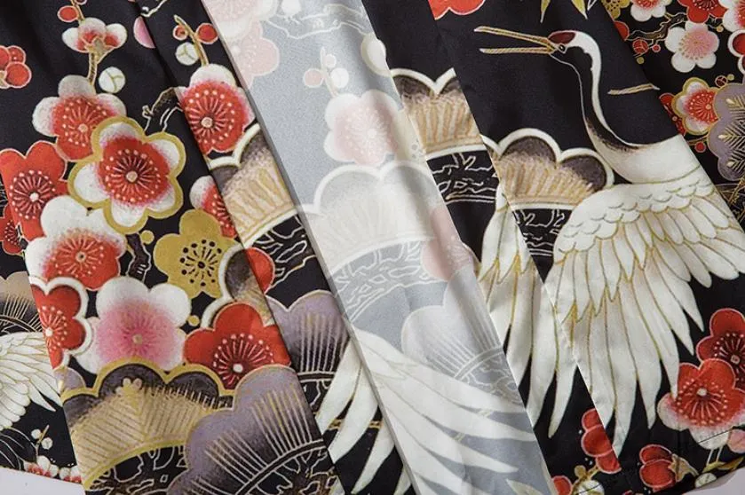 Black Floral Crane Kimono Shirt | Anime Kimono