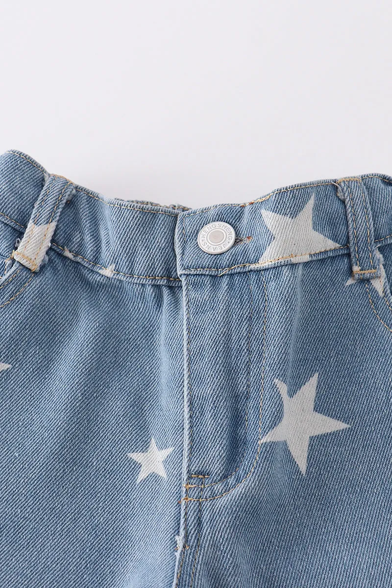 Blue star print flare denim jeans