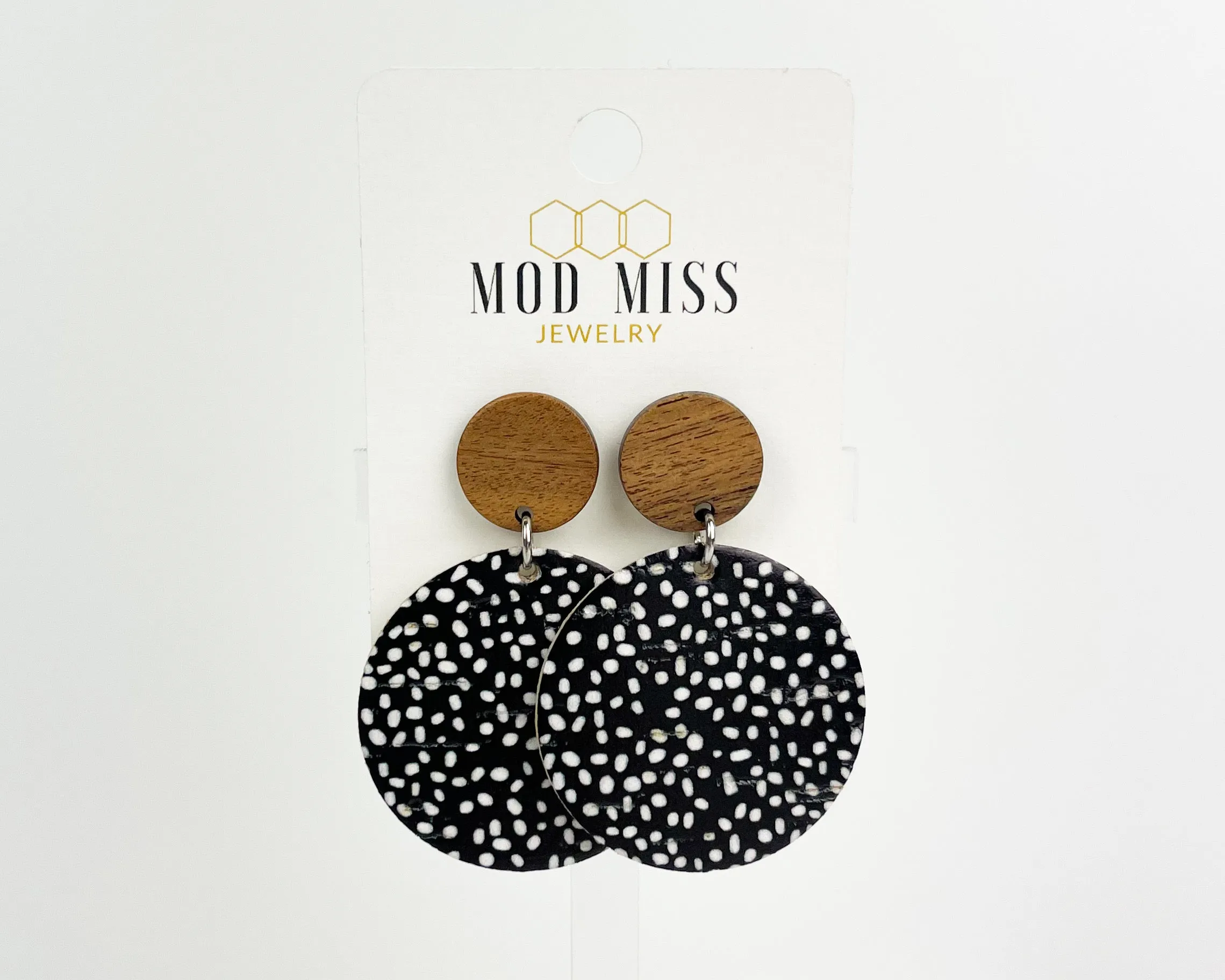 Cork Leather Round Earring Black & White Confetti