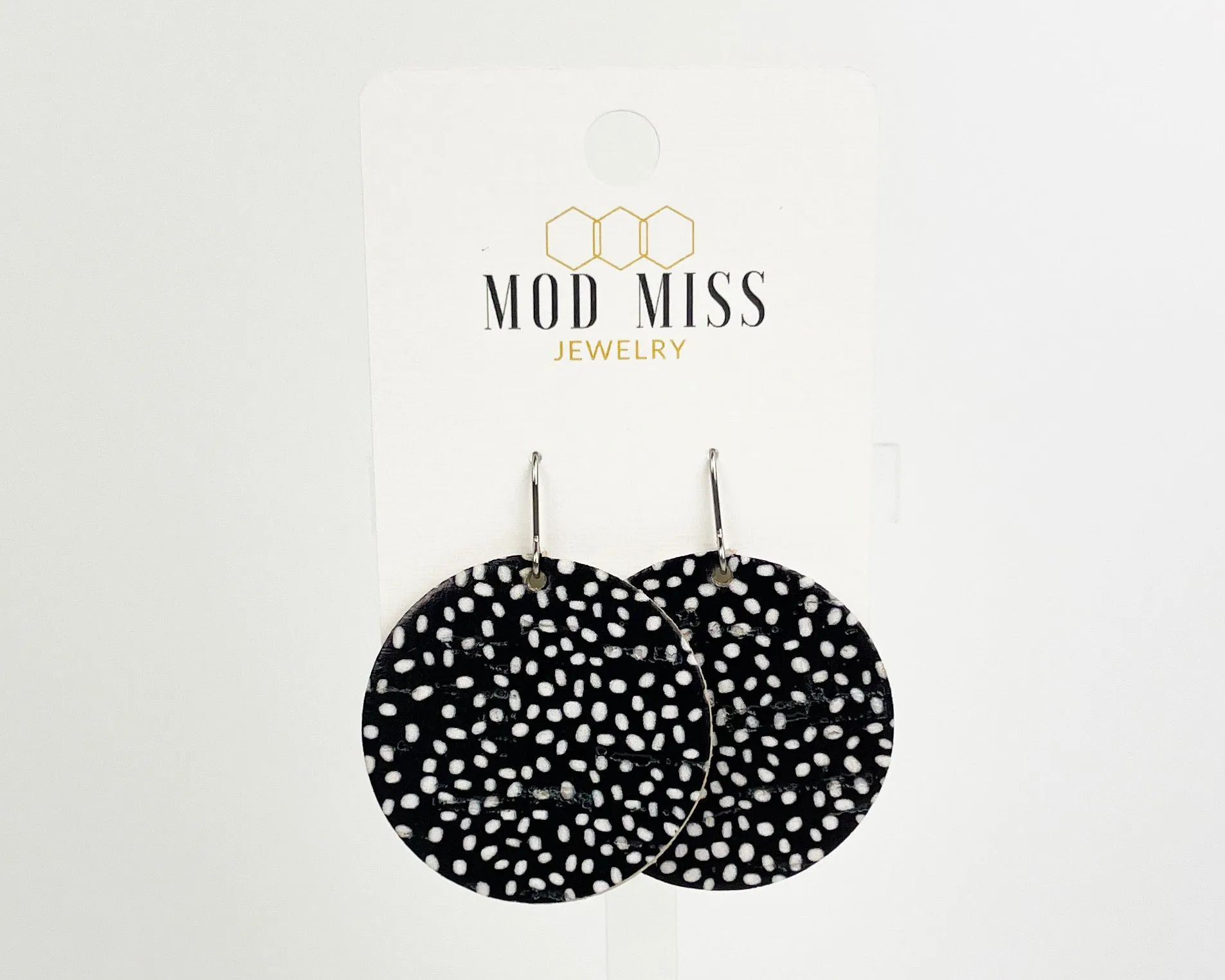 Cork Leather Round Earring Black & White Confetti