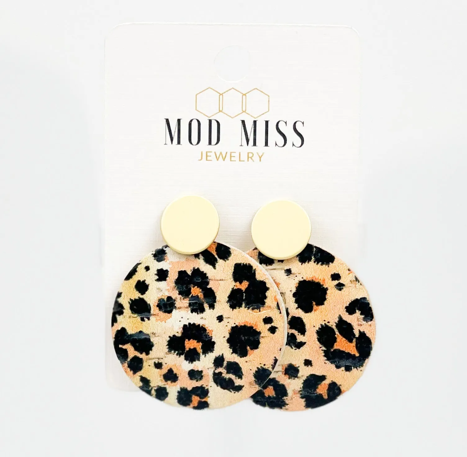 Cork Leather Round Earring Leopard Peach