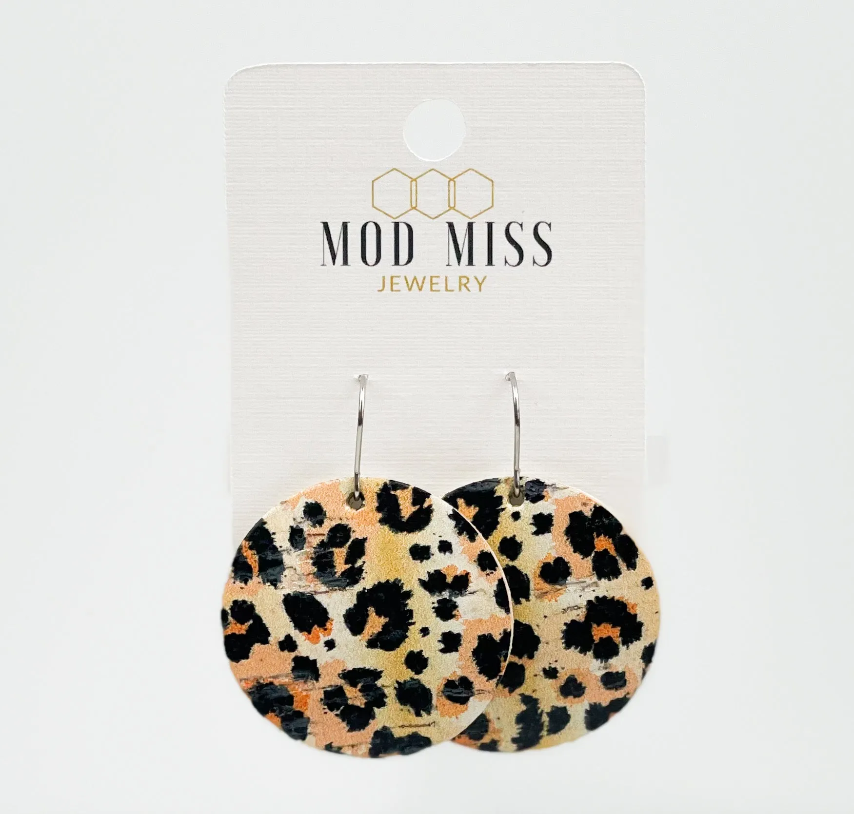 Cork Leather Round Earring Leopard Peach