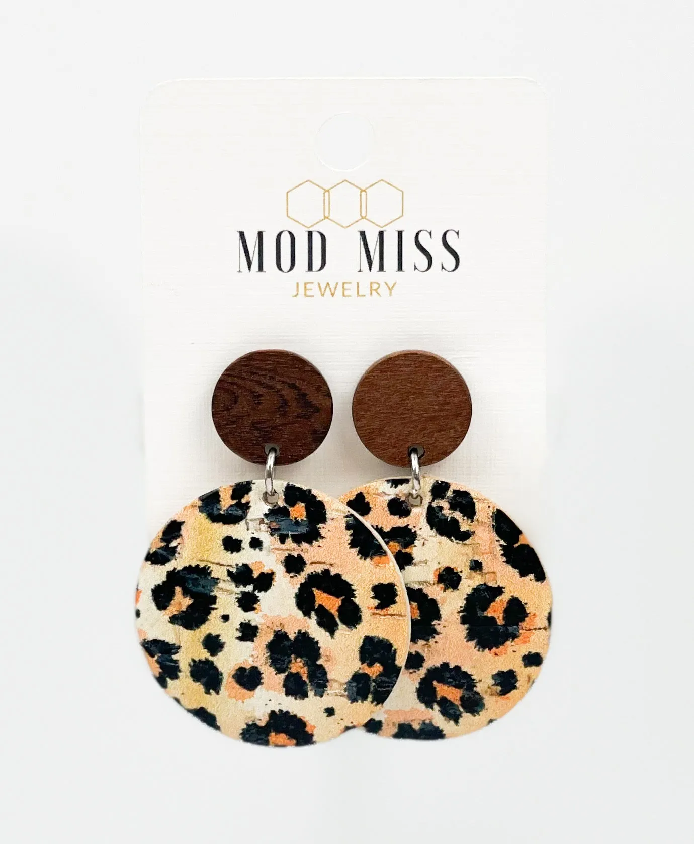 Cork Leather Round Earring Leopard Peach