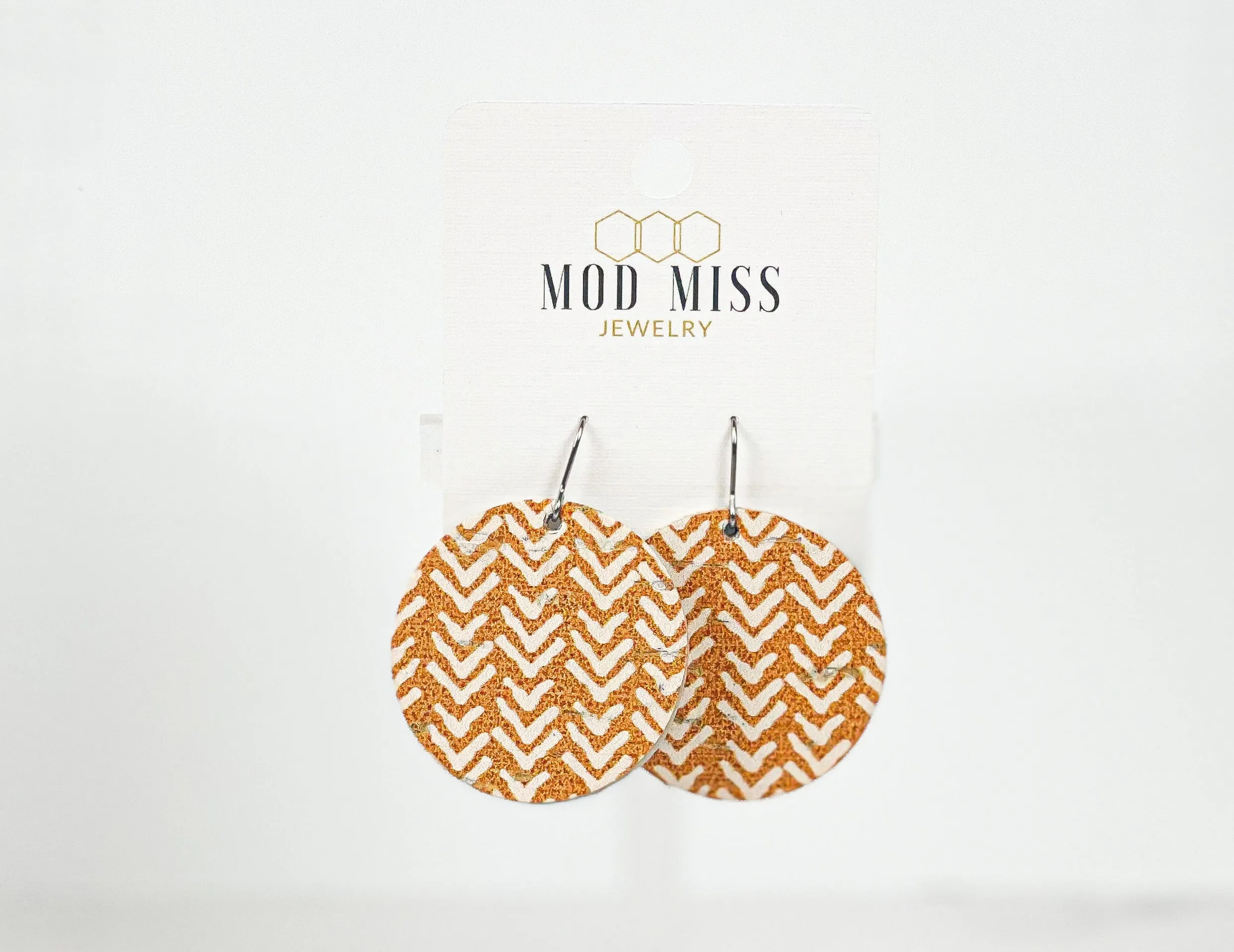 Cork Leather Round Earring Mustard Chevron