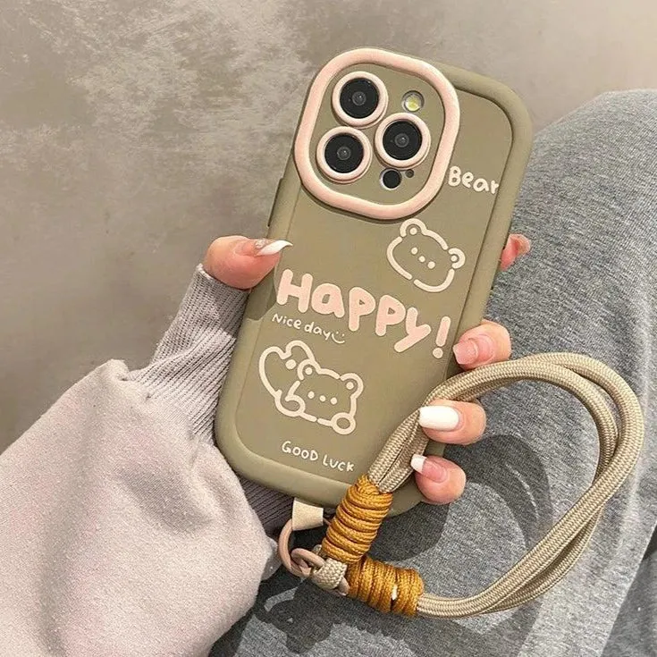 Cute Bear Phone Case with Hand Strap Rope for iPhone 11, 12, 13, 14, 15 Pro Max