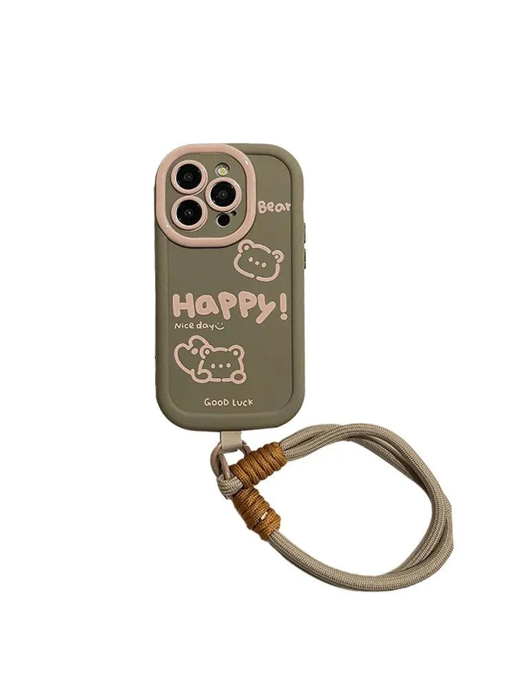 Cute Bear Phone Case with Hand Strap Rope for iPhone 11, 12, 13, 14, 15 Pro Max