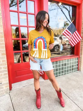 {FREEDOM RAINBOW} Patriotic Rainbow Heather Mustard V-Neck Tee