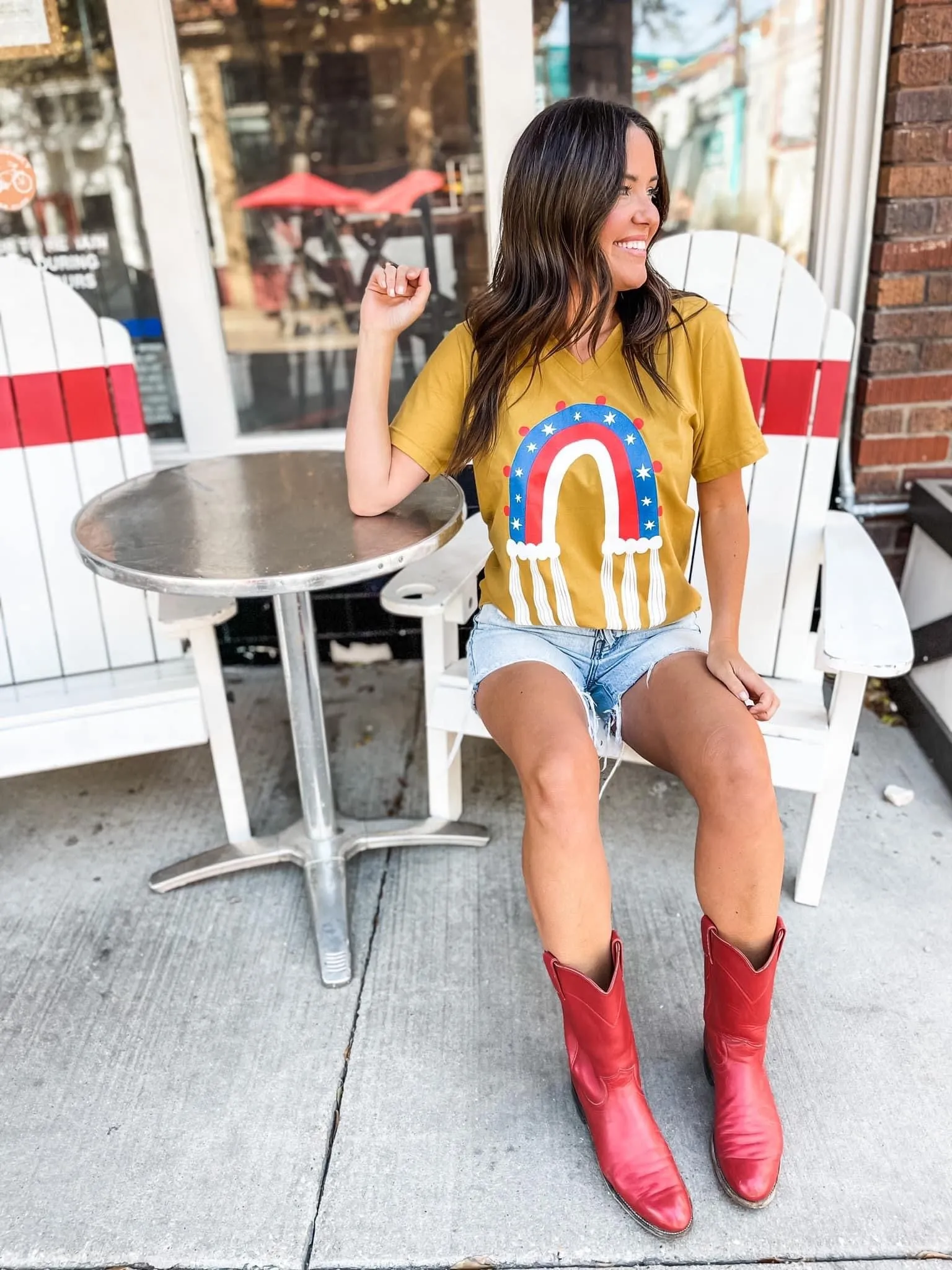 {FREEDOM RAINBOW} Patriotic Rainbow Heather Mustard V-Neck Tee