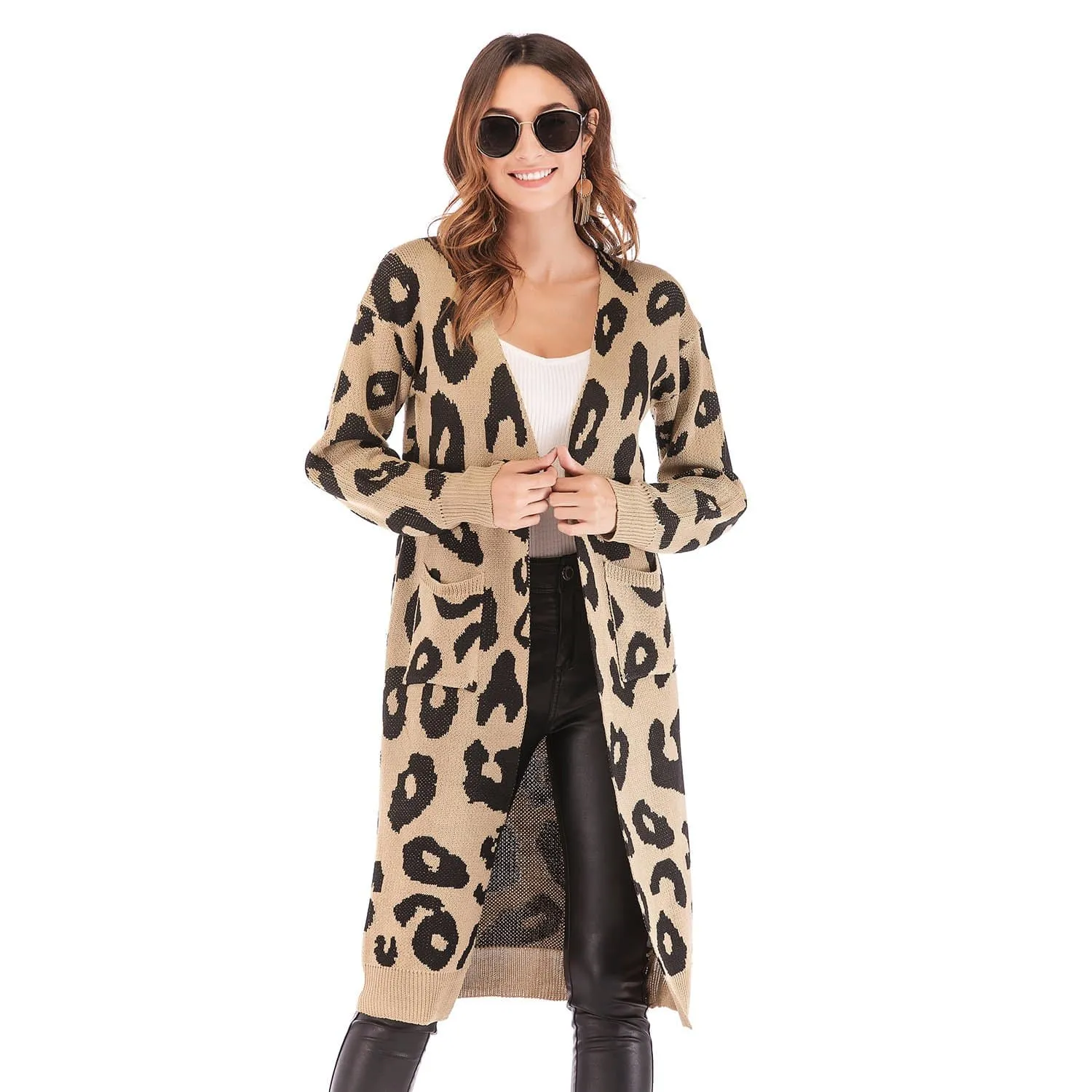 Haute Edition Open Front Long Length Sweater Knit Leopard Print Cardigan