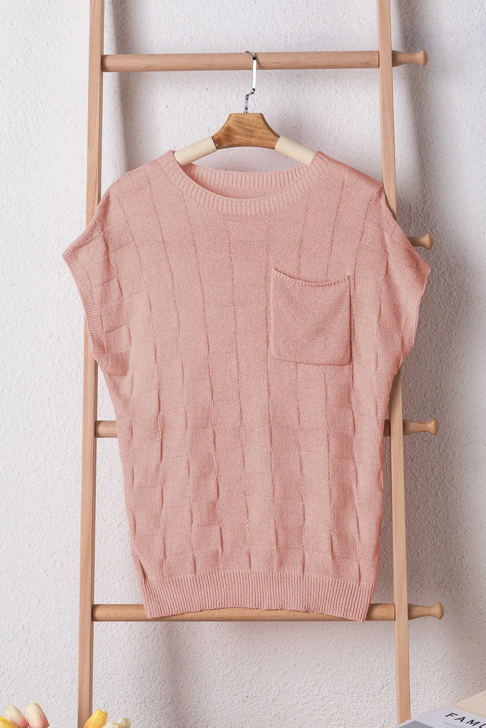 Lattice Textured Knit Short Sleeve Sweater