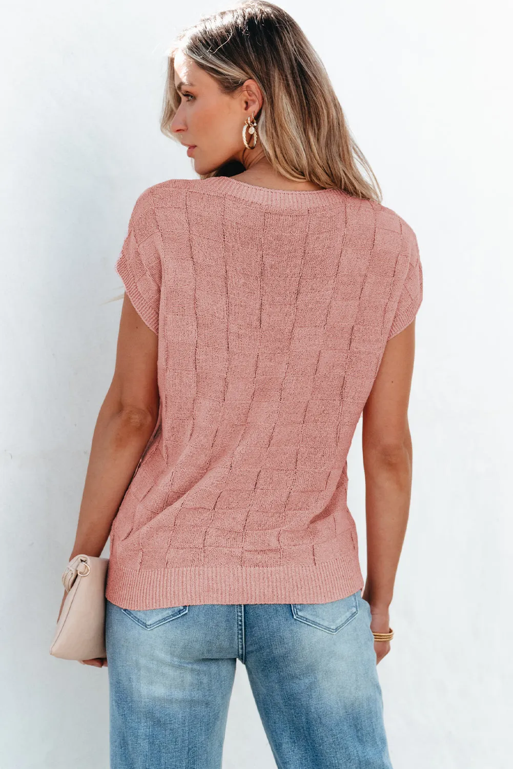 Lattice Textured Knit Short Sleeve Sweater