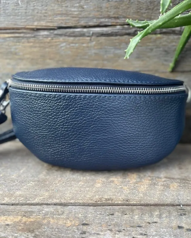 Leather Belt Bag - Navy With Silver Finishings