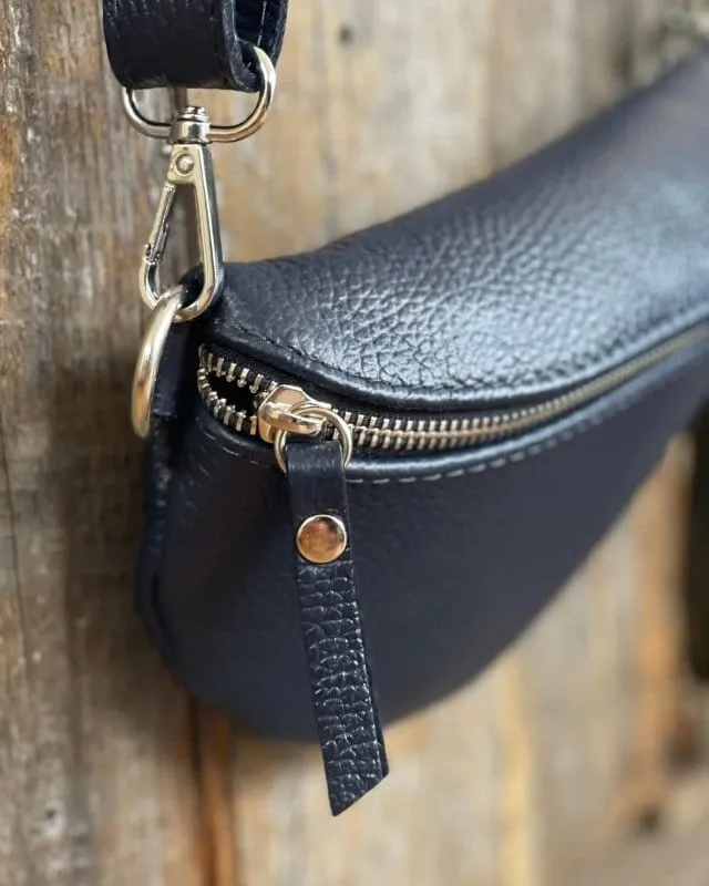 Leather Belt Bag - Navy With Silver Finishings