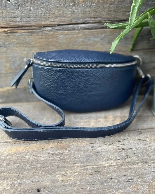 Leather Belt Bag - Navy With Silver Finishings