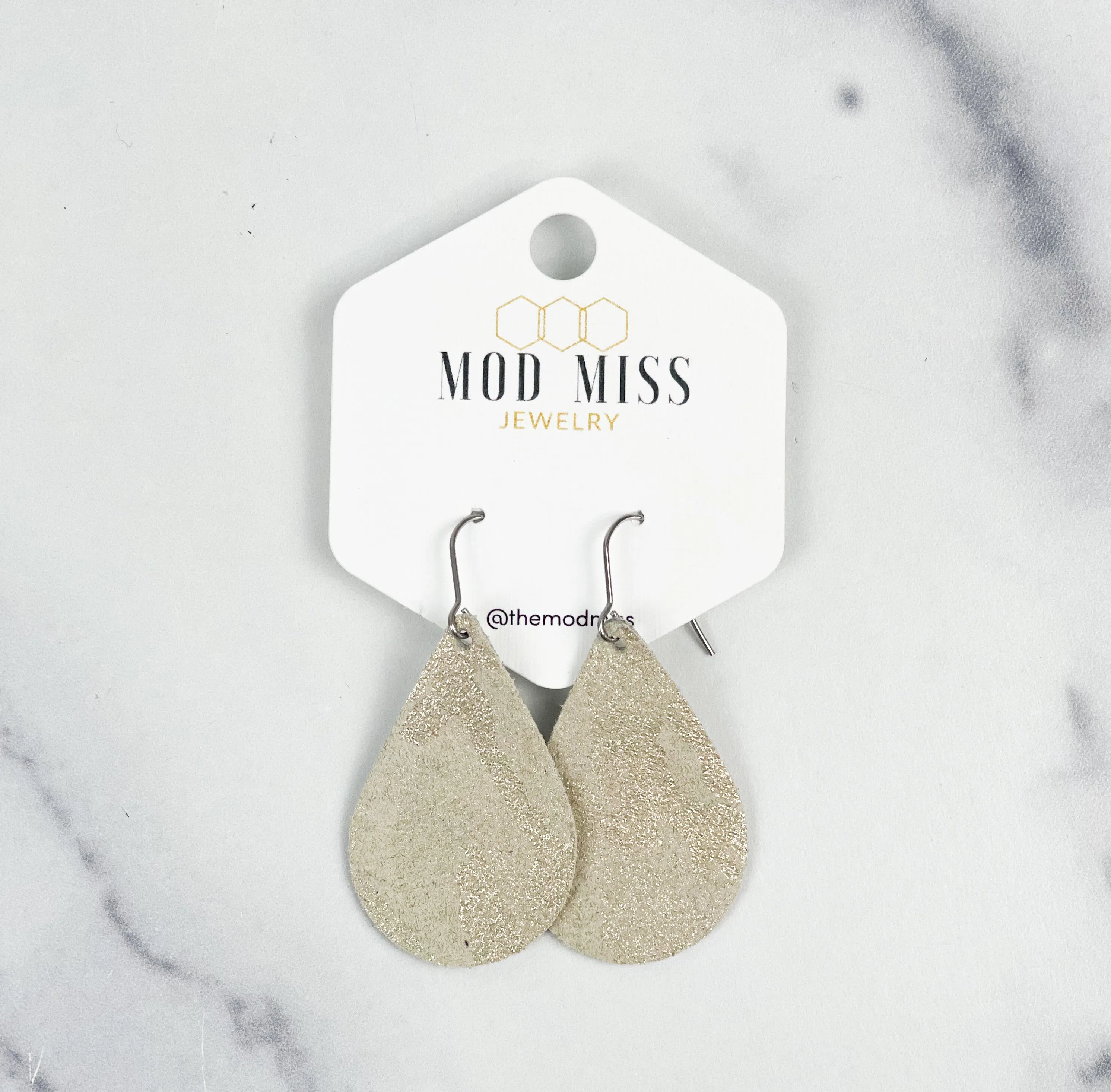 Leather Teardrop Earring Camo Champagne