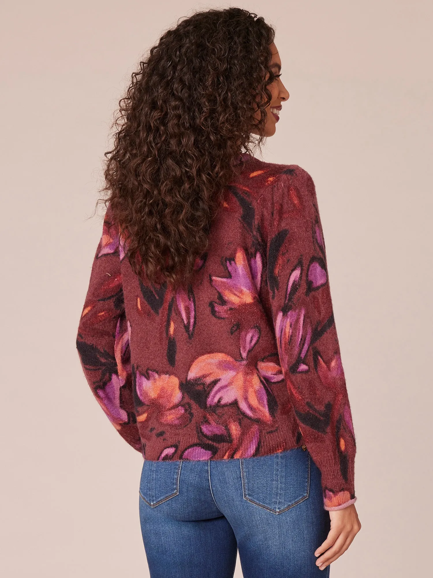 Long Puff Sleeve Round Neck Abstract Floral Print Sweater