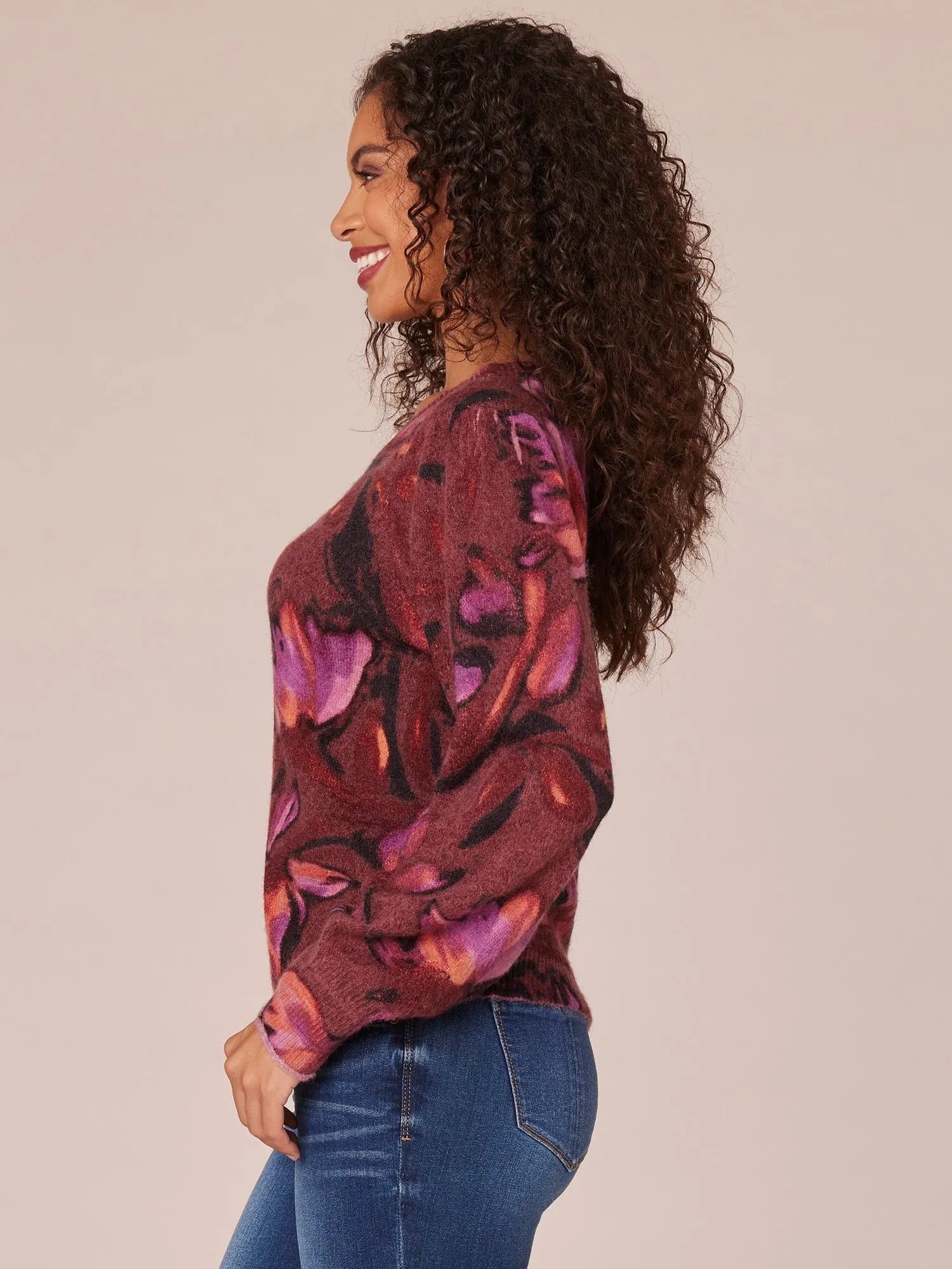 Long Puff Sleeve Round Neck Abstract Floral Print Sweater