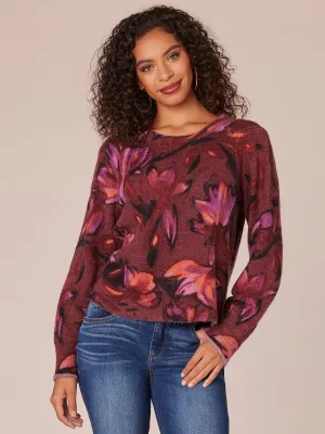 Long Puff Sleeve Round Neck Abstract Floral Print Sweater