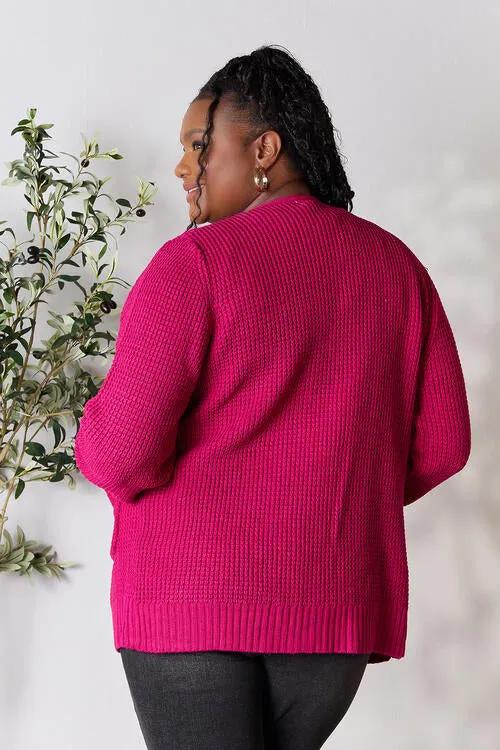 Magenta Waffle-Knit Open Front Cardigan