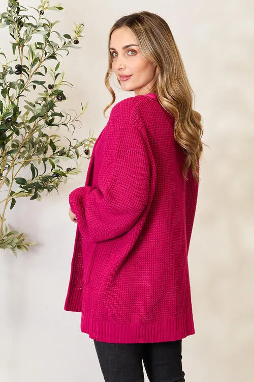 Magenta Waffle-Knit Open Front Cardigan