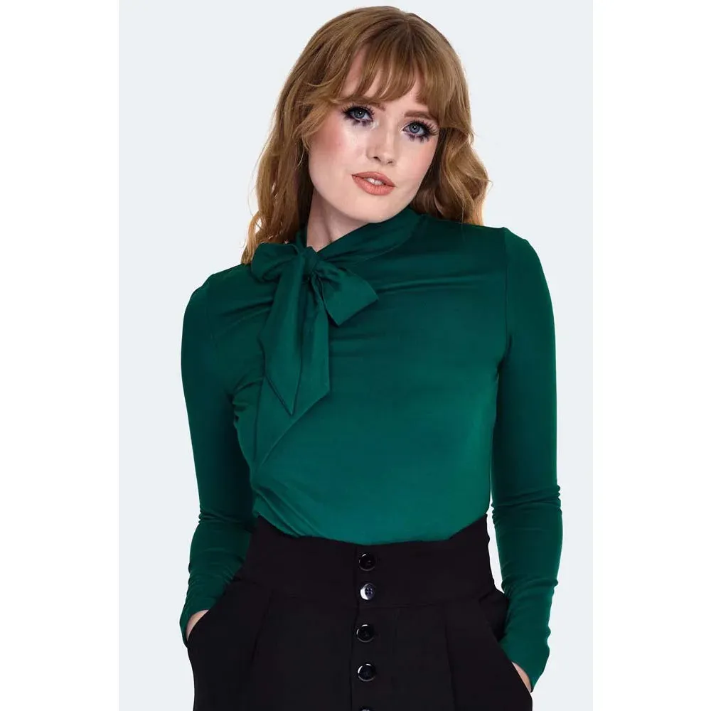 Retro Tie Neck Deep Green Long Sleeve Jersey Top