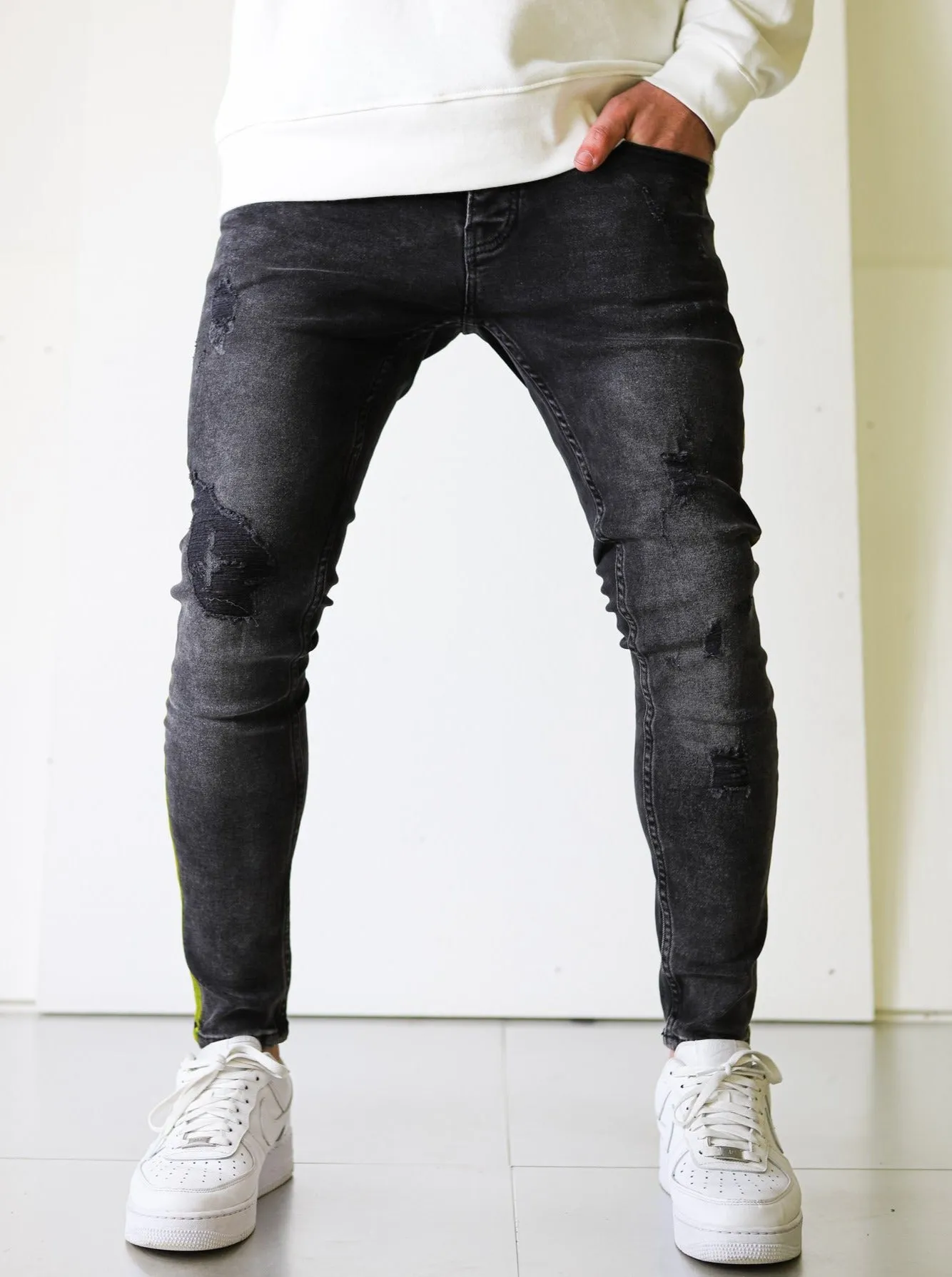 Side Stripe Black Ripped Jeans