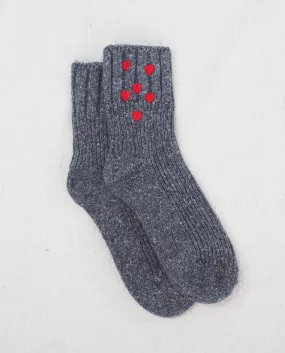 The Melange Rib Sock. -- Charcoal with Red Hearts