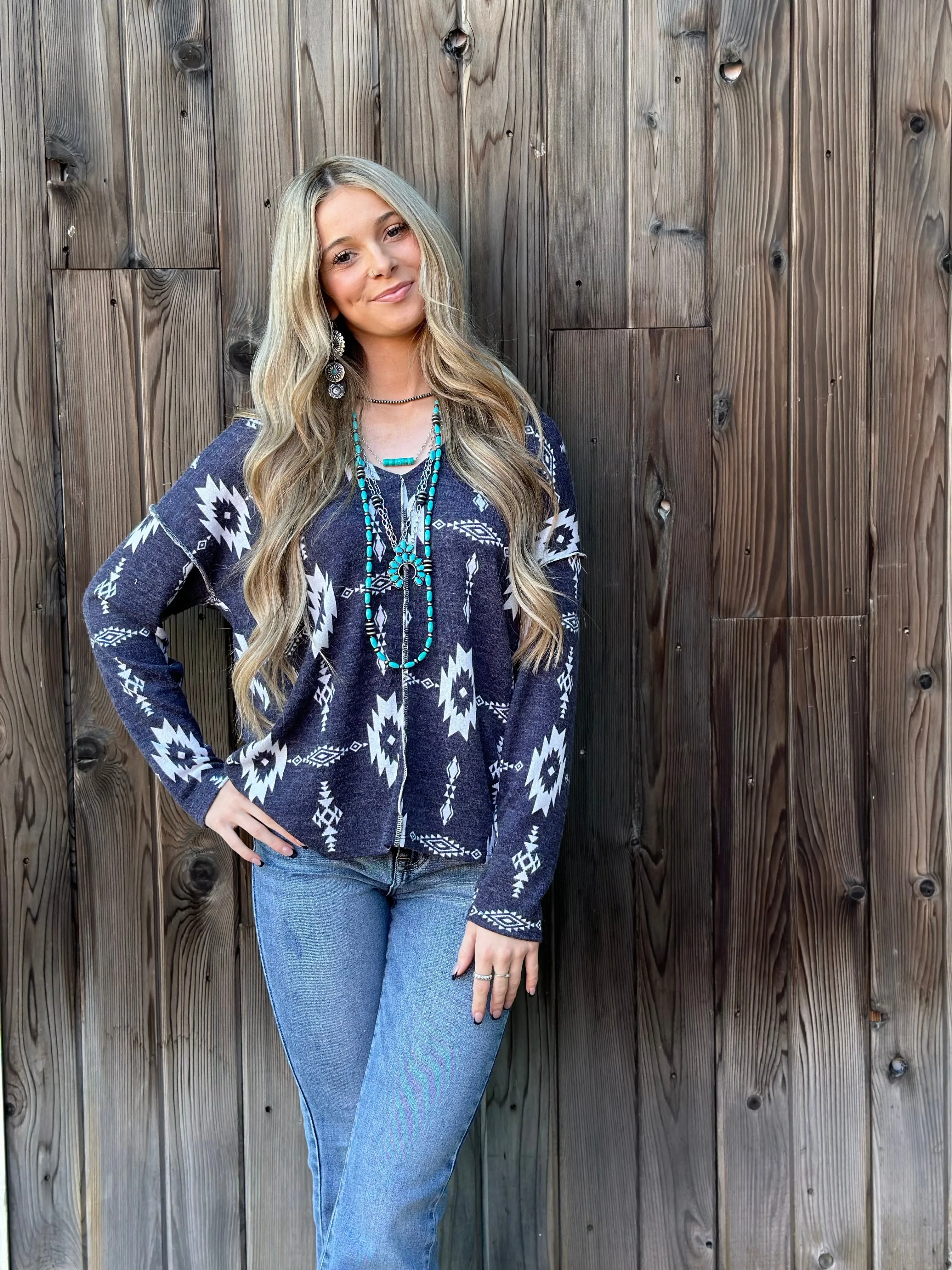 The New Charcoal Alamo Aztec V Neck Sweater