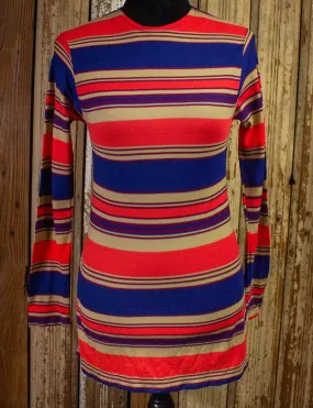 Vintage Striped Women's Long Sleeve Shirt 70s Blue/Tan/Orange Small